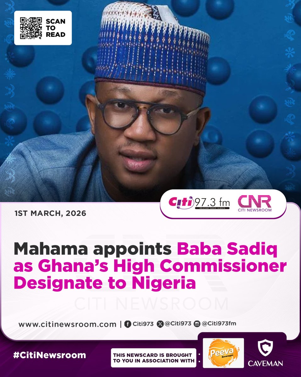 Citi973's tweet photo. President John Mahama has named the NDC's Parliamentary Candidate for Okaikwei Central in the 2024 elections, Baba Sadiq, as Ghana's High Commissioner-designate to Nigeria, replacing Baba Jamal, who was recalled last month.

#Nigeria #GhanaNews #CitiFM #ChannelOneNews #BabaSadiq https://t.co/tjNdWV9SBu