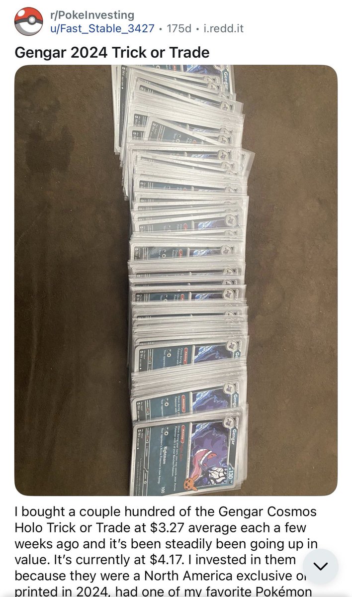 The Reality:

Dude buys hundreds of a cheap card on the uptick of everything. Person posts about their idea to invest in this specific card. 

Months later, the card has dropped by 41% in value, but they saw Kabuto King be able to manipulate the price of a card no one wanted on
