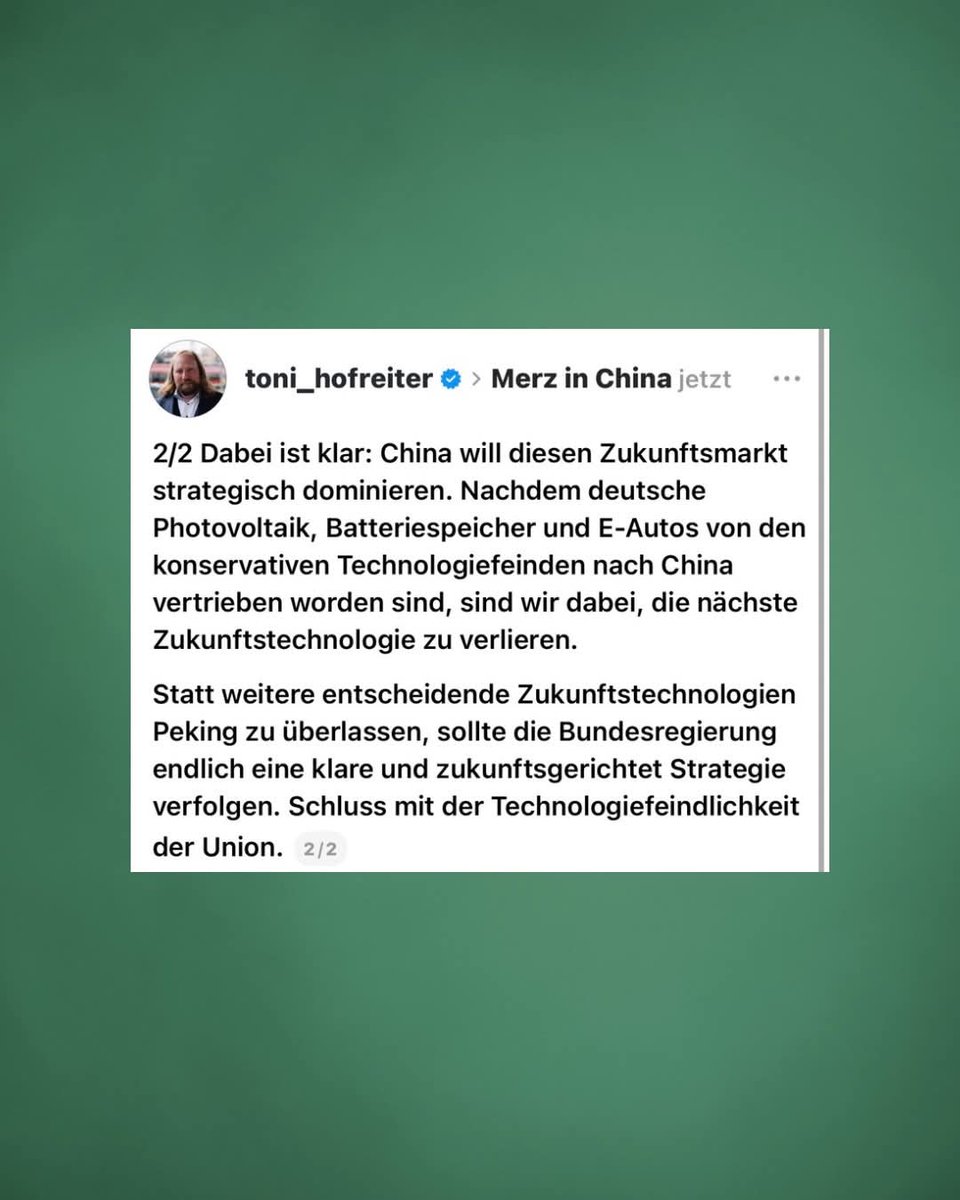 All das, was #ToniHofreiter sagt! 

Die Union verscherbelt seit Jahrzehnten das deutsche Tafelsilber aka Zukunftstechnologien wie PV, Batteriespeicher &amp; Elektroautos scheibchenweise an China.

Und nun auch die Wärmepumpen-Technologie.

#CDUschadetDeutschland

👽👇