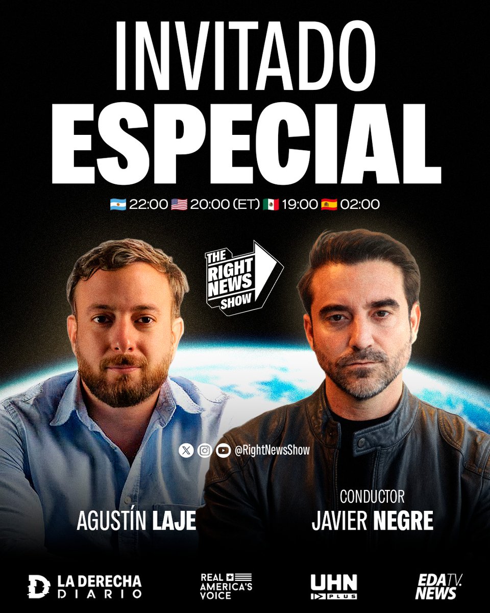 RightNewsShow's tweet photo. 🌎🇦🇷 | INVITADO DE LUJO: El escritor derechista y director de la Fundación Faro, @AgustinLaje, participará del nuevo episodio de The Right News Show, el programa anticomunista de Javier Negre.

NO TE LO PIERDAS: Esta noche 22:00 (🇦🇷) 20:00 (ET 🇺🇸) 19:00 (🇲🇽) 02:00 (🇪🇸). https://t.co/WbEsS2JfJc