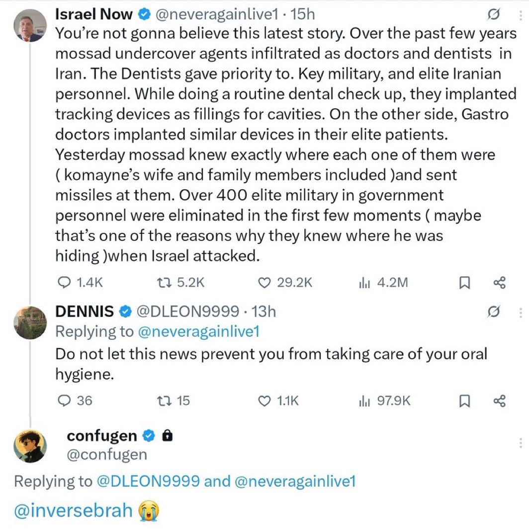 ❤️💛💚💙

🇮🇱🇮🇷 Israel infiltrated Iran by sending undercover Mossad Agents disguised as Doctors and Dentists.

🦷 The Dentists put tracking devicies in tooth cavaties.

👨🏻‍⚕️ The Gastro Doctors implanted devices implanted stomach GPS devices.

400 elite military personnel were all