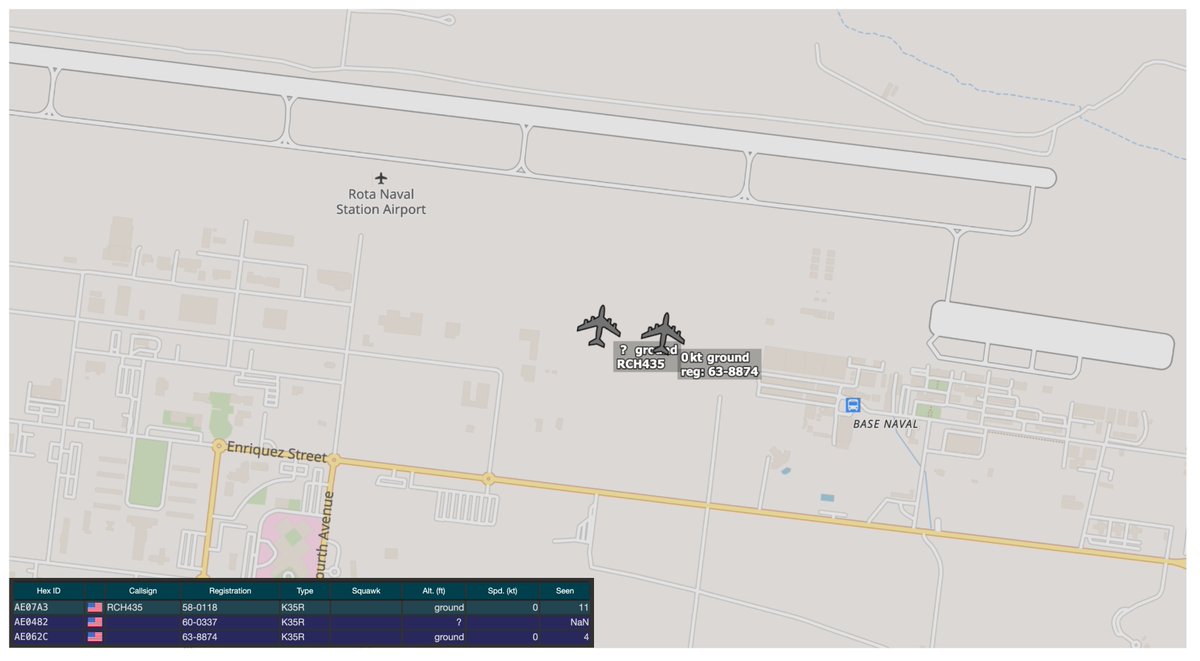 ArmchairAdml's tweet photo. #USAF United States Air Force - Middle East Activity
2101z
Boeing KC-135 Stratotanker 3x
#AE0482 60-0337 - REACH 264
#AE062C 63-8874 - REACH
#AE07A3 58-0118 - REACH 435
Three more KC-135s are preparing to depart Naval Station Rota in Spain and will head to Istres-Le Tubรฉ Air Base in France.
@MATA_osint @DefenceGeek @vcdgf555 @sentdefender @Andyyyyrrrr