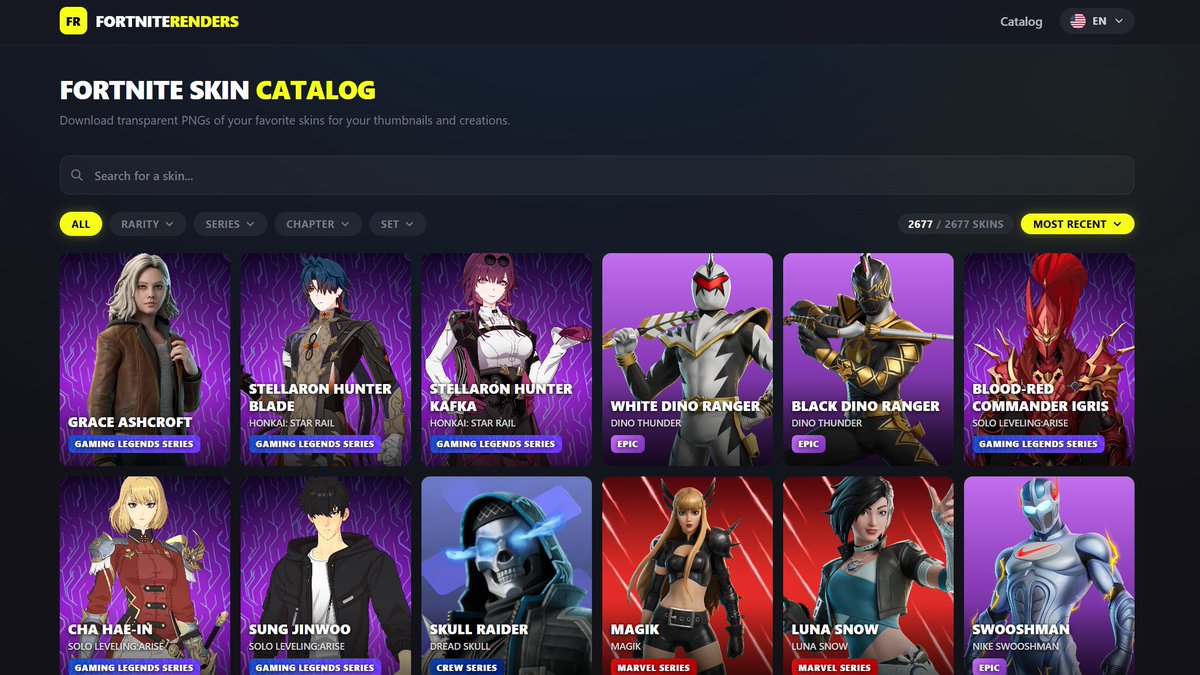 New site layout 🔥 It’s now better organized with filters to make skin searching much easier. In the coming days, I’ll be implementing character pages (full-body view) and custom poses. Also, a dedicated page for all weapons and their rarities is coming soon
#UEFN #Fortnite