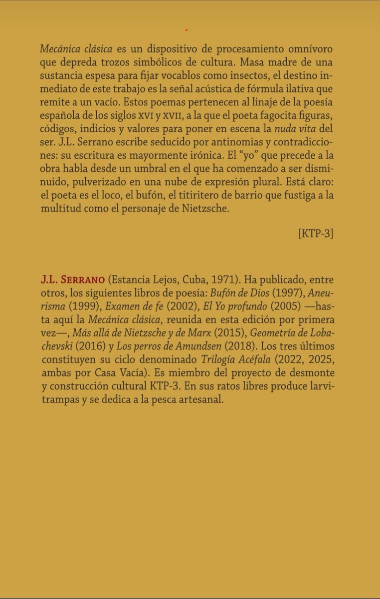 proyectoKTP3's tweet image. De su intro: «La estrategia discursiva es similar a la técnica de las chinampas: se busca ganar terreno fértil en zona lacustre. El rigor de la forma se constituye en el mayor aliado y el peor enemigo».

«Mecánica clásica» es un volumen de poesía de J.L. Serrano.

#ktp3
#remix