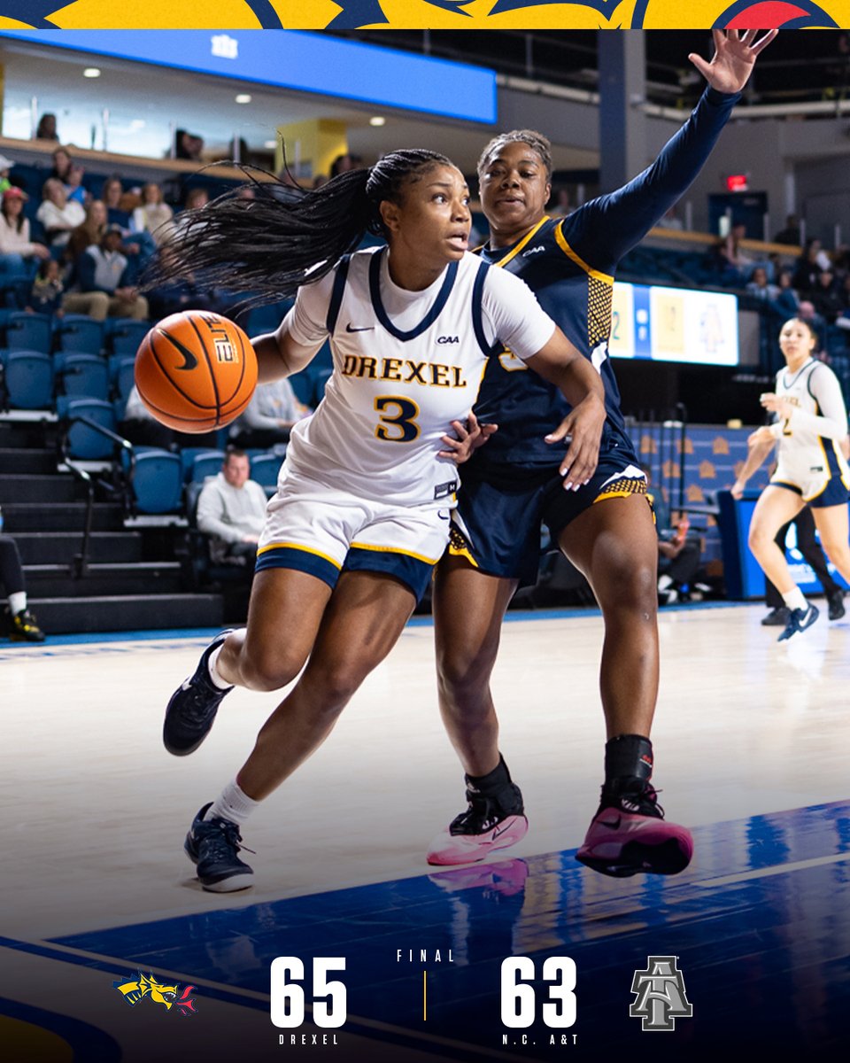 DrexelWBB's tweet photo. DRAGONS WIN IN OVERTIME 🔥🐉

Drexel rallies from 14 down to defeat N.C. A&amp;T, 65–63 in overtime!! https://t.co/vwTWWfTpiS