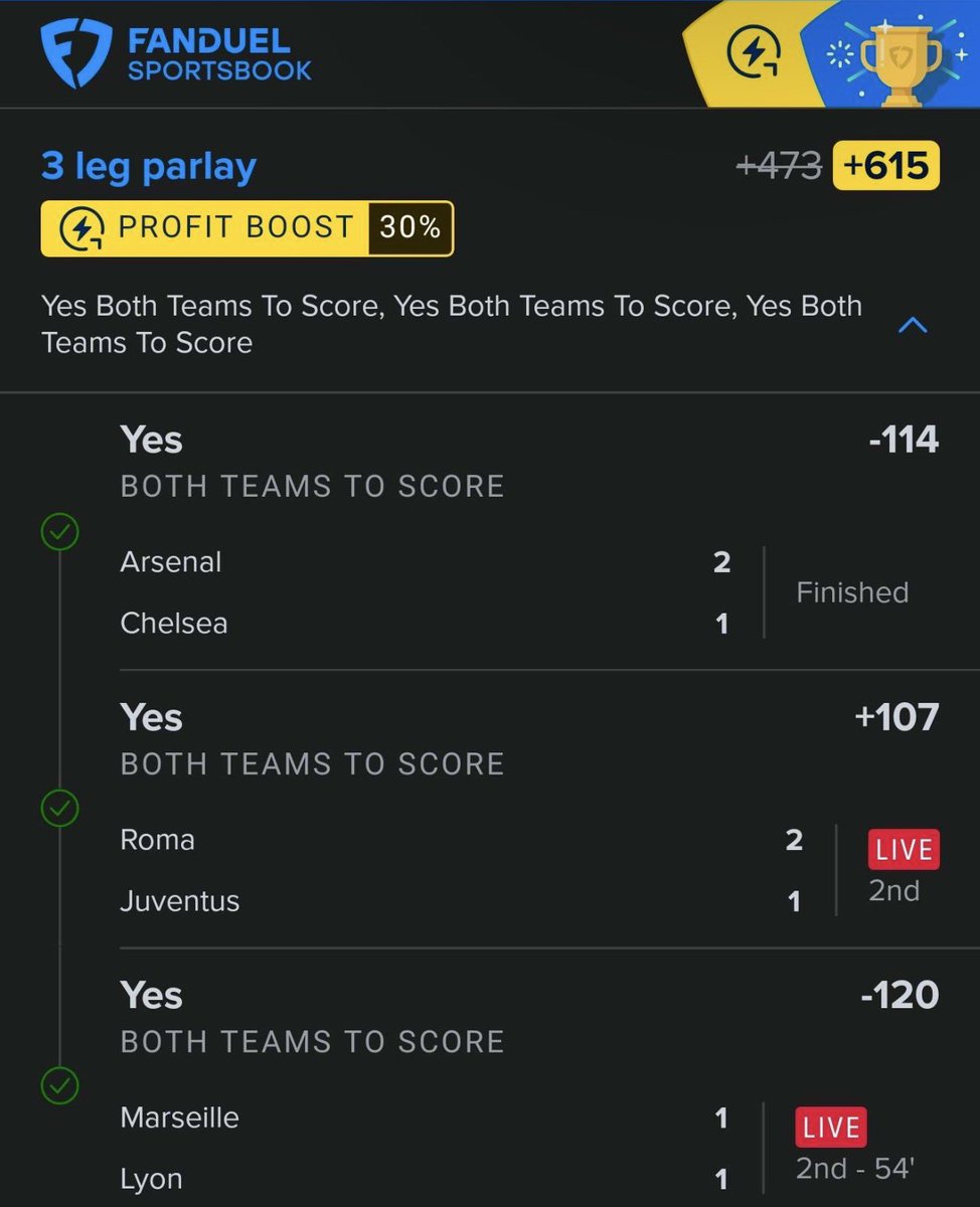 Soccer weekends at WagerKingz are undefeated man😈 CASH THIS 6X Parlay from <a href="/Silky_Bets/">Silky Johnson Bets</a> 

✅+615 3 Leg Parlay
✅-114 Arsenal v Chelsea BTTS
✅+107 Roma v Juventus BTTS
✅-120 Marseille v Lyon BTTS