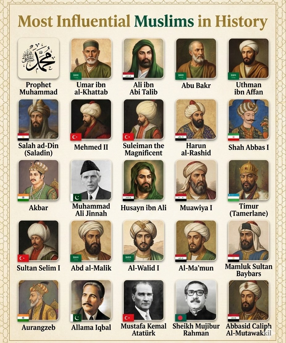 ☪️ Most Influential Muslims in History

1. 🇸🇦 Prophet Muhammad
2. 🇸🇦 Umar ibn al-Khattab
3. 🇮🇶 Ali ibn Abi Talib
4. 🇸🇦 Abu Bakr
5. 🇸🇦 Uthman ibn Affan
6. 🇪🇬 Salah ad-Din (Saladin)
7. 🇹🇷 Mehmed II
8. 🇹🇷 Suleiman the Magnificent
9. 🇮🇶 Harun al-Rashid
10. 🇮🇷 Shah Abbas I
11. 🇮🇳