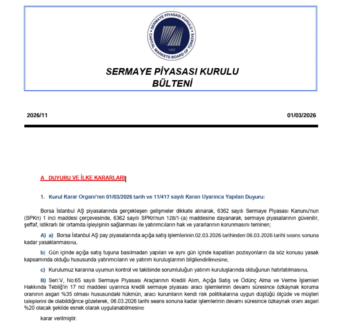 Sermaye Piyasası Kurulu Bülten #SPK #borsa #bist #BIST1OO