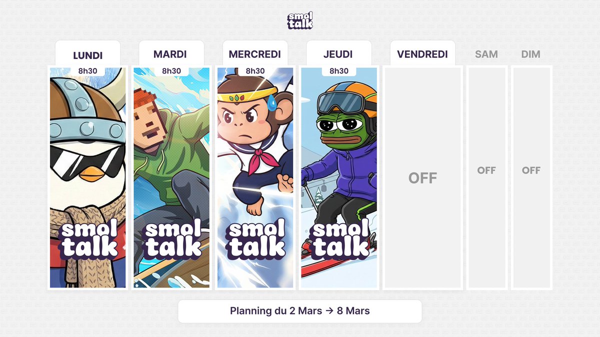 Bonne semaine à l'élite 🇫🇷

En espérant un peu moins de bombes et plus de pump cette semaine

<a href="/smoltalk/">SMOLTALK</a> lundi mardi mercredi jeudi 8h30