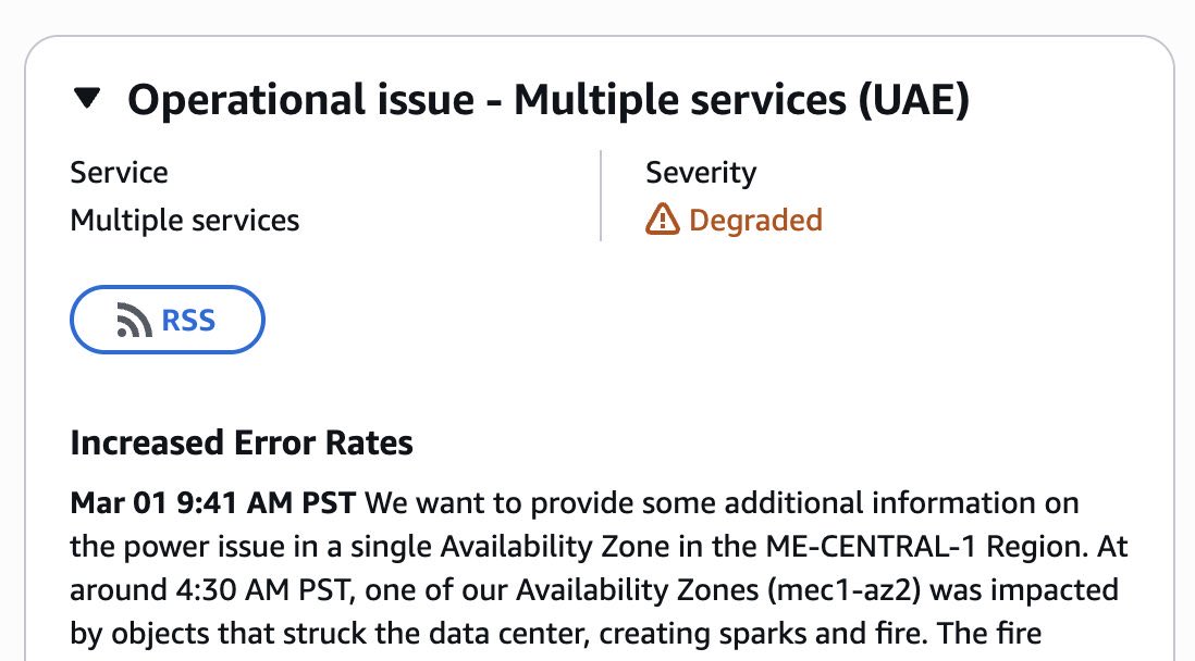 askwaleedA's tweet photo. Unbelievable!

there's an AWS outage in me-central-1 because it got bombed by #Iran. https://t.co/cWG487sd5G
