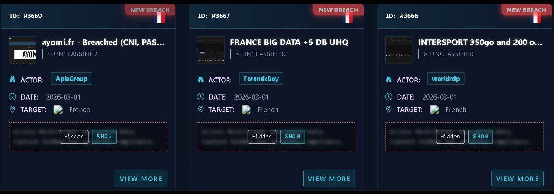 🚨🇫🇷🗃️ ENCORE UNE ATTAQUE CRITIQUE 💢

La France en Plein Cyber-Chaos 🧀

Ce 1er mars 2026, une nouvelle attaque d'ampleur vient de frapper le cœur de l’infrastructure numérique française. ENCORE des Millions de Données d’Identité Exfiltrées en 24 Heures

COMBLE !... La