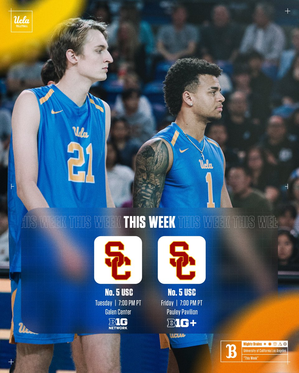 UCLAMVB's tweet image. It’s #RivalryWeek

🗓️: Tuesday, March 3
📍: Galen Center
📺: Big Ten Network

🗓️: Friday, March 6
📍: Pauley Pavilion presented by Wescom Financial
📺: B1G+
🎟️: ucla.evenue.net/events/MVBHOME

#GoBruins | #BeatSC