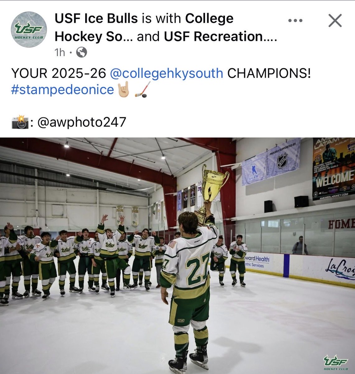 GregWolfTBL's tweet image. Hey @USouthFlorida, while @USFXCTF &amp;amp; @USFMBB were out here winning championships, your @HockeyClubUSF also won the @CollegeHkySouth Tourney 🏆! #MarchMadness is in FULL effect for #SouthFlorida! @RHiggins_USF @USFHerd @SSN_USF @Barstool_USF