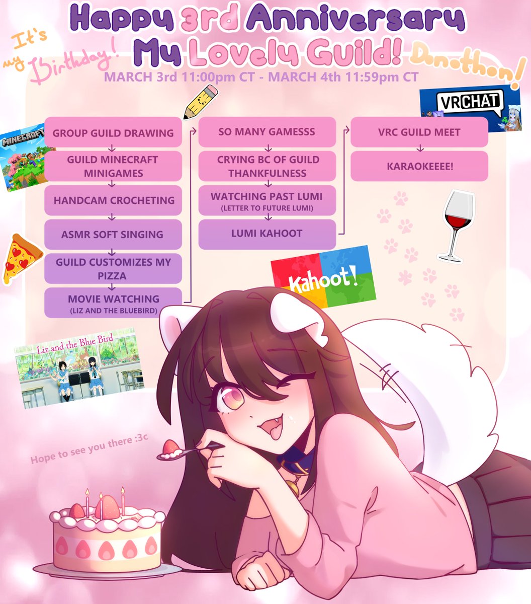 ✦ Hope to see you there!! :3 💝🎉 This is a super rough schedule so many things will be added to fill up all our hours! It's gonna be jammed packed!!

Liz And The Bluebird Movie Watching -> ~ March 4th, 2-3pm CT ish!

VRC Meet Up - > ~ March 4th, 9pm CT ish!