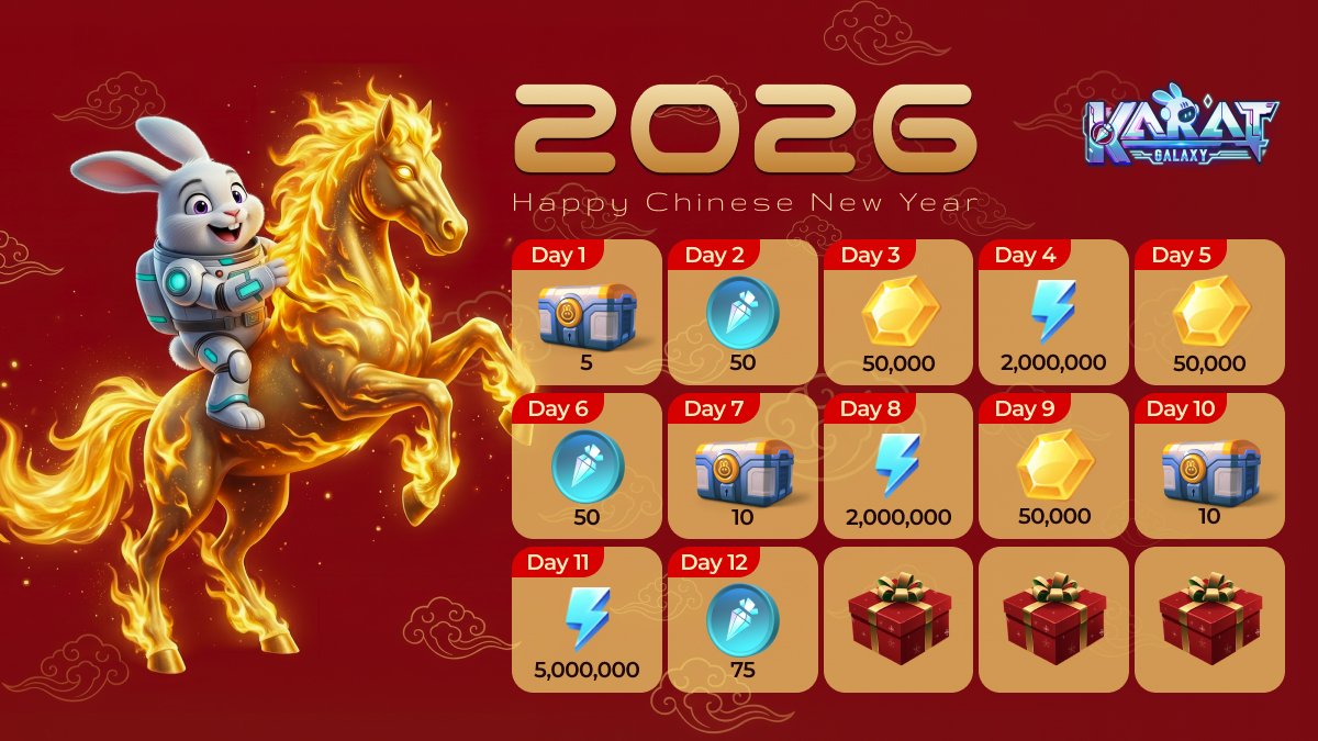 DAY Nº13 of the Karat Galaxy 🧧#ChineseNewYear Event!🎁 

🔥🐎We’re giving out #KaratGalaxy assets! 

🎁1 lucky winner every day!
⏪Yesterday's winner is: <a href="/Rivers44250/">riviere aurelien</a>

How to enter:
1️⃣ Follow &amp; RT this tweet
2️⃣ Comment your Karat Galaxy UID

❗️Past winners can participate