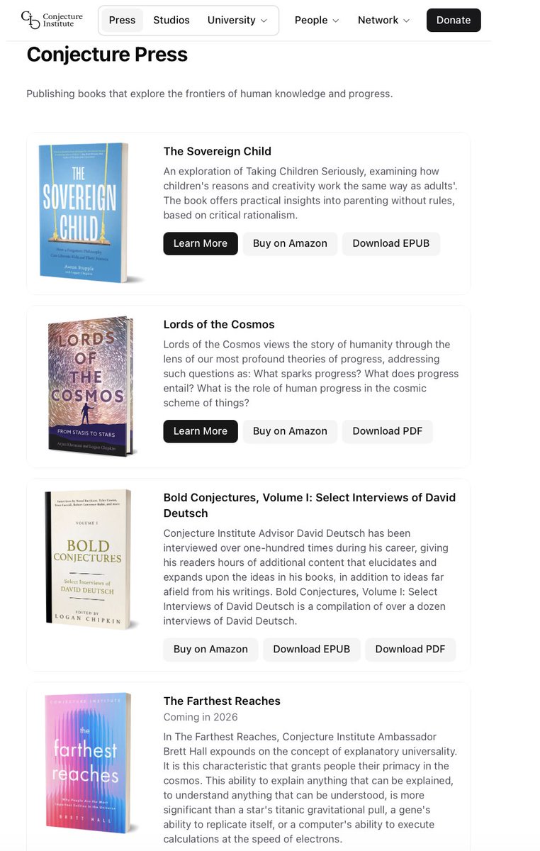 📚Conjecture Press (books)

Get our first three books for free: conjectureinstitute.org/press

1. The Sovereign Child, by Cofounder <a href="/astupple/">Aaron Stupple</a> w/ President <a href="/ChipkinLogan/">Logan</a> 

2. Lords of the Cosmos, by Fellow <a href="/arjunkhemani/">Arjun Khemani</a> &amp; Logan

3. Bold Conjectures, Volume I: Select Interviews of