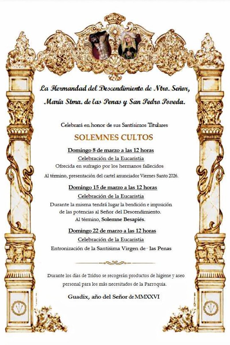 SOLEMNES CULTOS en honor de Nuestros Sagrados Titulares.