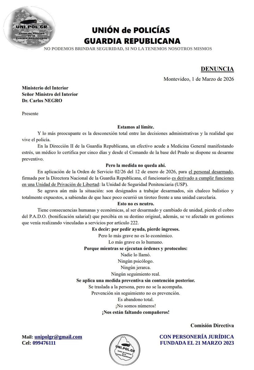 🚨DENUNCIA 🚨
Sr. Ministro <a href="/CNegro7/">Carlos Negro</a>. 

Ante la ausencia de respuesta por parte de las autoridades de su cartera <a href="/Minterioruy/">Ministerio del Interior</a> y agotadas las vías formales de comunicación, nos vemos obligados a recurrir a todos los mecanismos disponibles para denunciar e informar hechos que