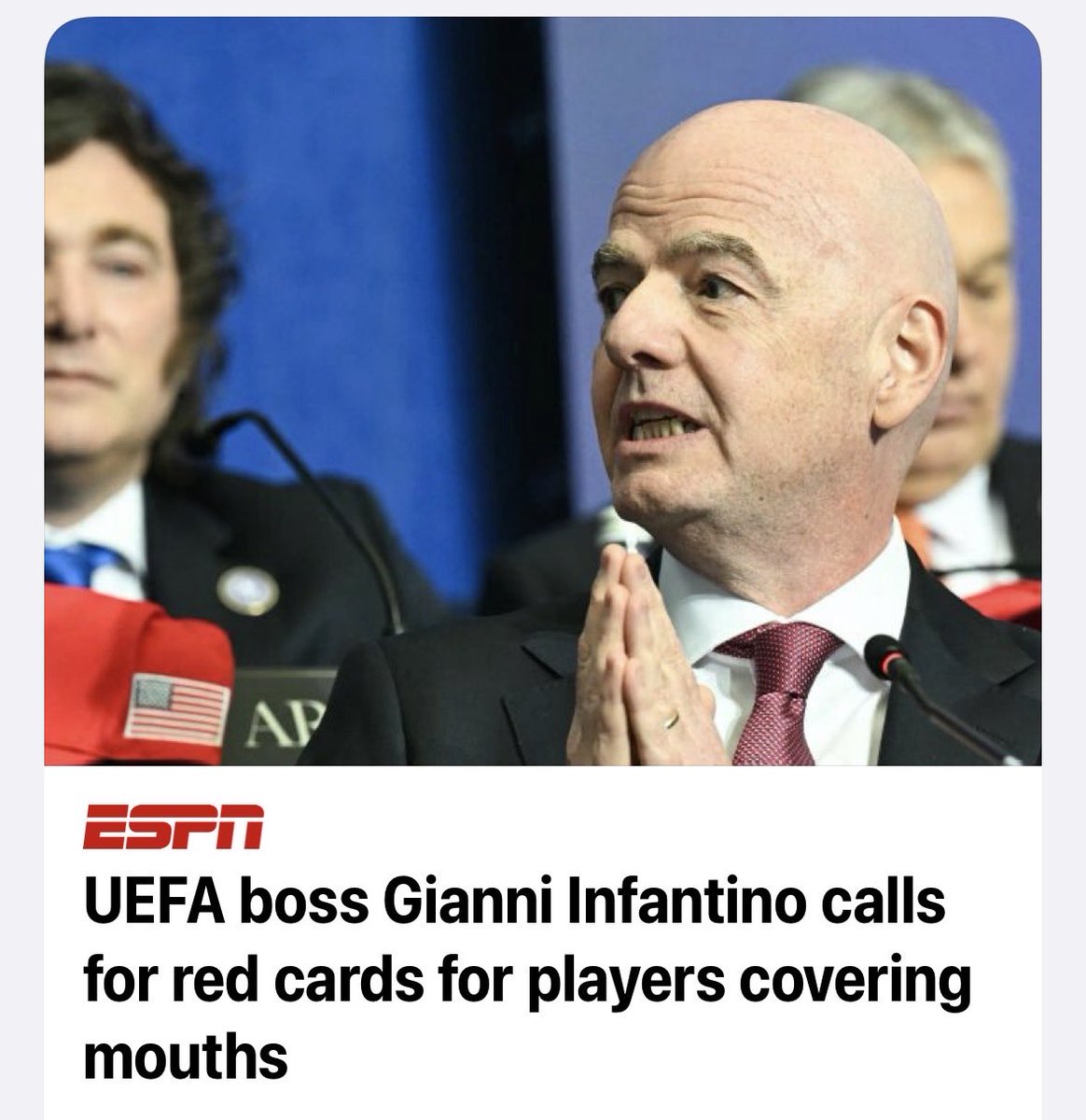 RealChrisHummer's tweet photo. I guess ESPN can’t lip read the fact this guy is FIFA boss, not UEFA.. https://t.co/Q3swm1xXfS
