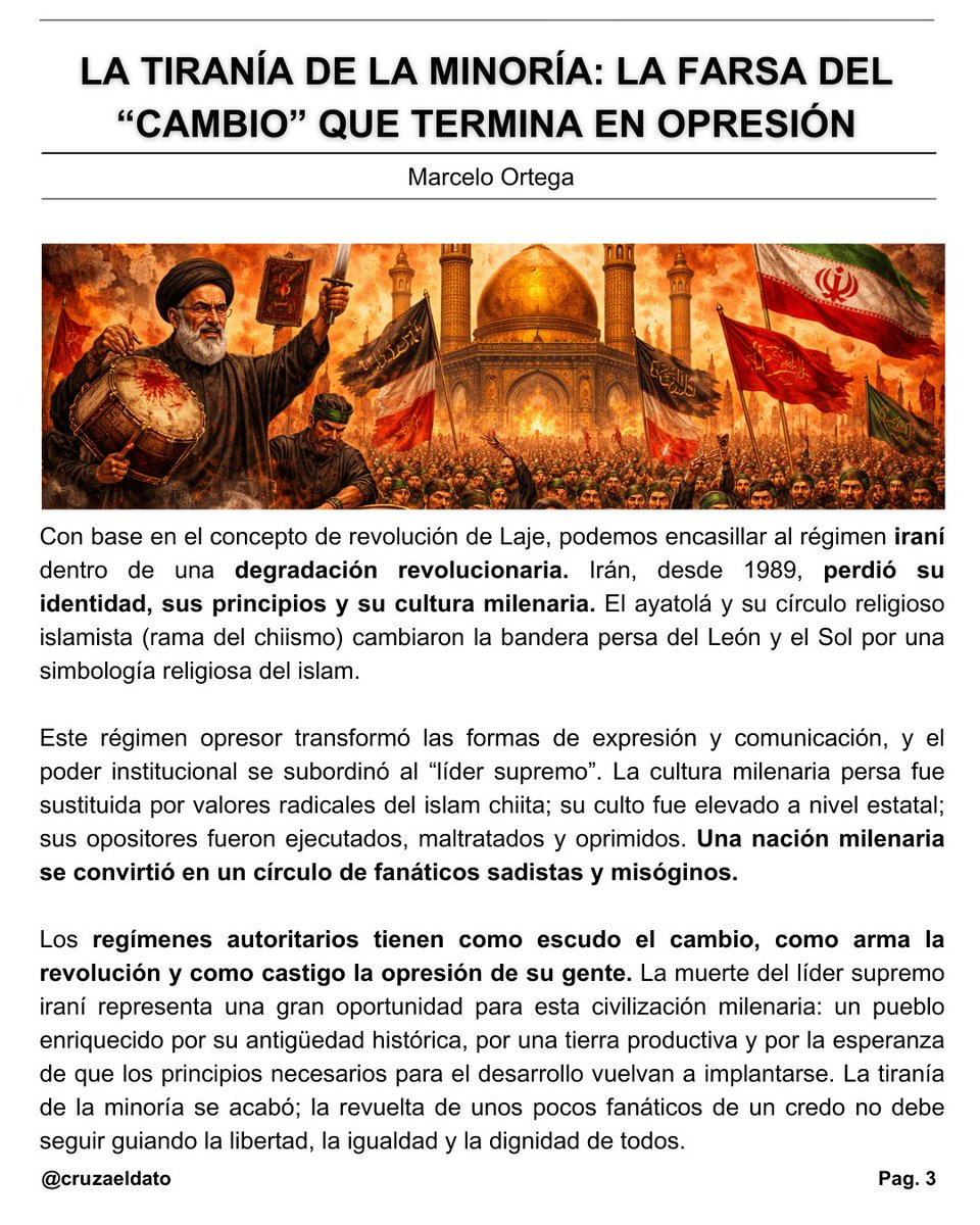 dosisderealidec's tweet photo. ¿CAMBIO REAL O SOLO OTRA TRAMPA? 🤔🚩
¡Chuta! A veces nos venden la idea de una "revolución" como la solución mágica, pero termina siendo la excusa perfecta para oprimir a todo un pueblo. @marcelooj15 nos suelta una verdad incómoda: la "tiranía de la minoría". 🧐

¿Tú qué opinas? ¿Crees que las revoluciones de hoy buscan un cambio real o son solo una fachada para el control? 👇 ¡Suéltate en los comentarios!
#CruzaElDato #ConcienciaCrítica #Libertad #Geopolítica #Irán #Ecuador 🌍🔥