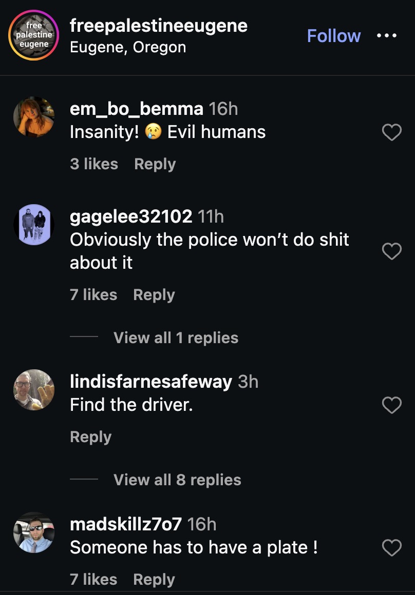 Eugene, Ore. (Feb. 28) — Far-left extremists gathered for an emergency direct action against airstrikes on the Iranian regime. The extremists are the same people who have been attacking ICE &amp; federal property. 

A female driver driving slowly on the road they took over was