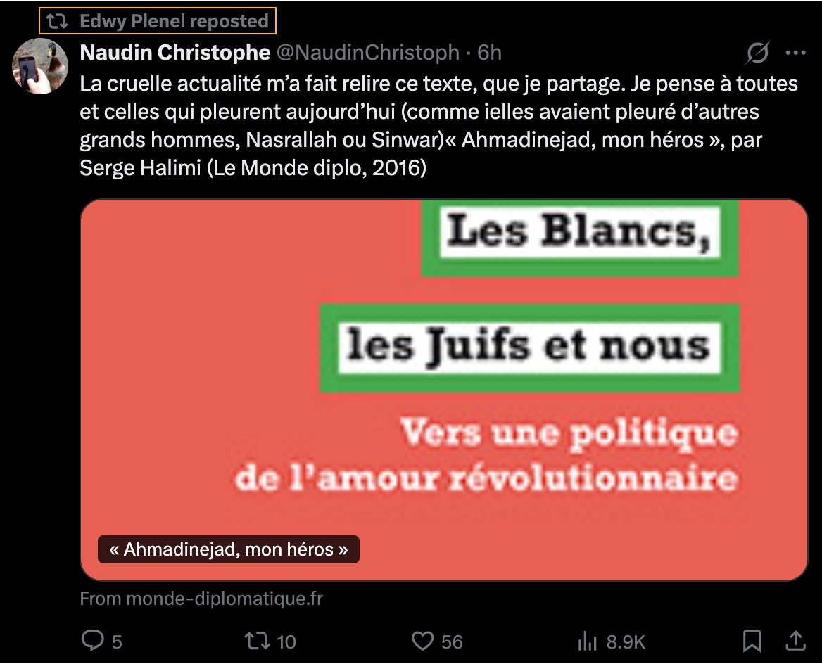Plenel en pleine disgrâce : son seum perso contre Melenchon commence à trop se voir, alors il nous ressort un vieux torchon raciste du monde diplo-2016 pour se refaire une santé morale en rappelant à la gauche blanche qu’il n’aime pas la très diabolisé Bouteldja. ⬇️