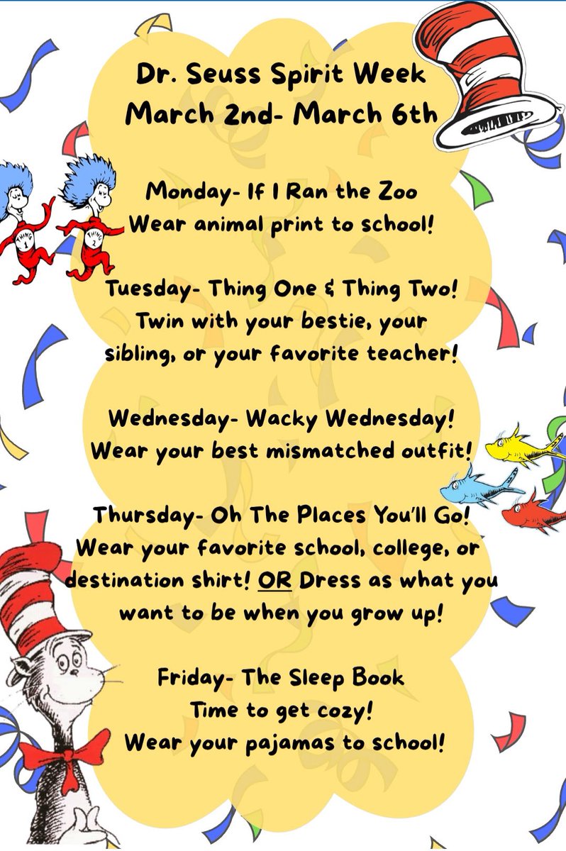 NSSElementary's tweet photo. It's Dr. Seuss Spirit Week! The fun begins on Monday with If I Ran The Zoo! Wear something with animal print. https://t.co/pe3Dx8POJV