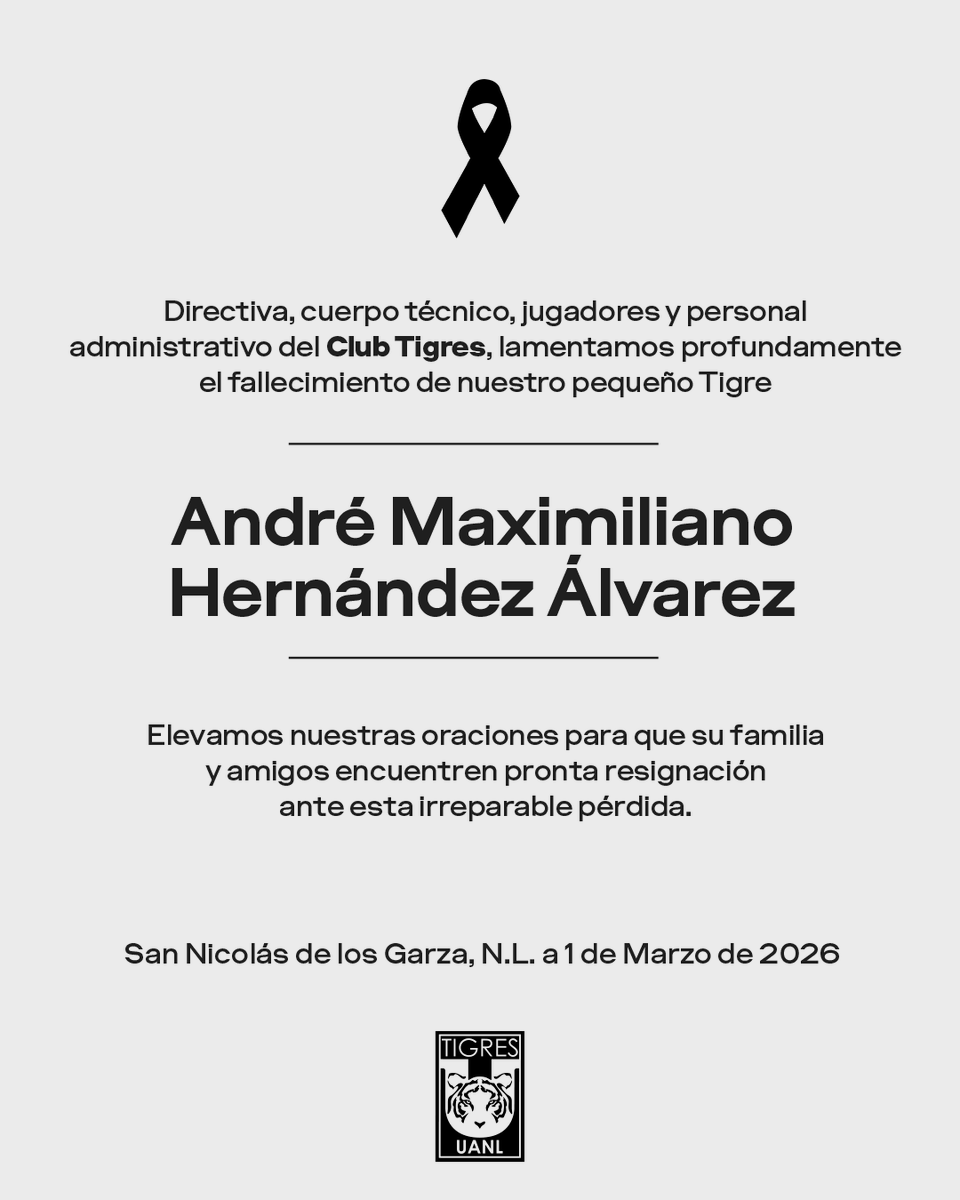 TigresOficial's tweet photo. ✝️🙏🏻 Con profundo dolor enviamos un abrazo hasta el cielo a nuestro pequeño y querido amigo André Hernández.

Nos unimos a la pena que embarga a su familia ante esta irreparable pérdida. https://t.co/pAHjv2fqKH