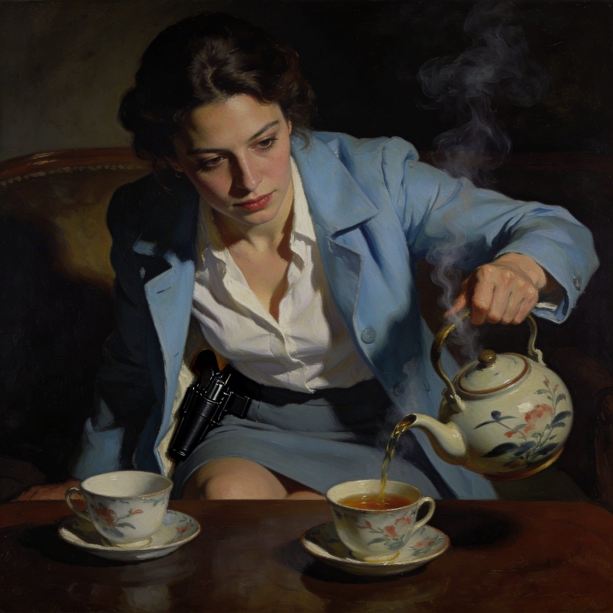 DavidPahor's tweet image. #vss365 #timid #senryu 
 
With a timid gaze,
she pours tea, jacket undone --

black holster peeking.