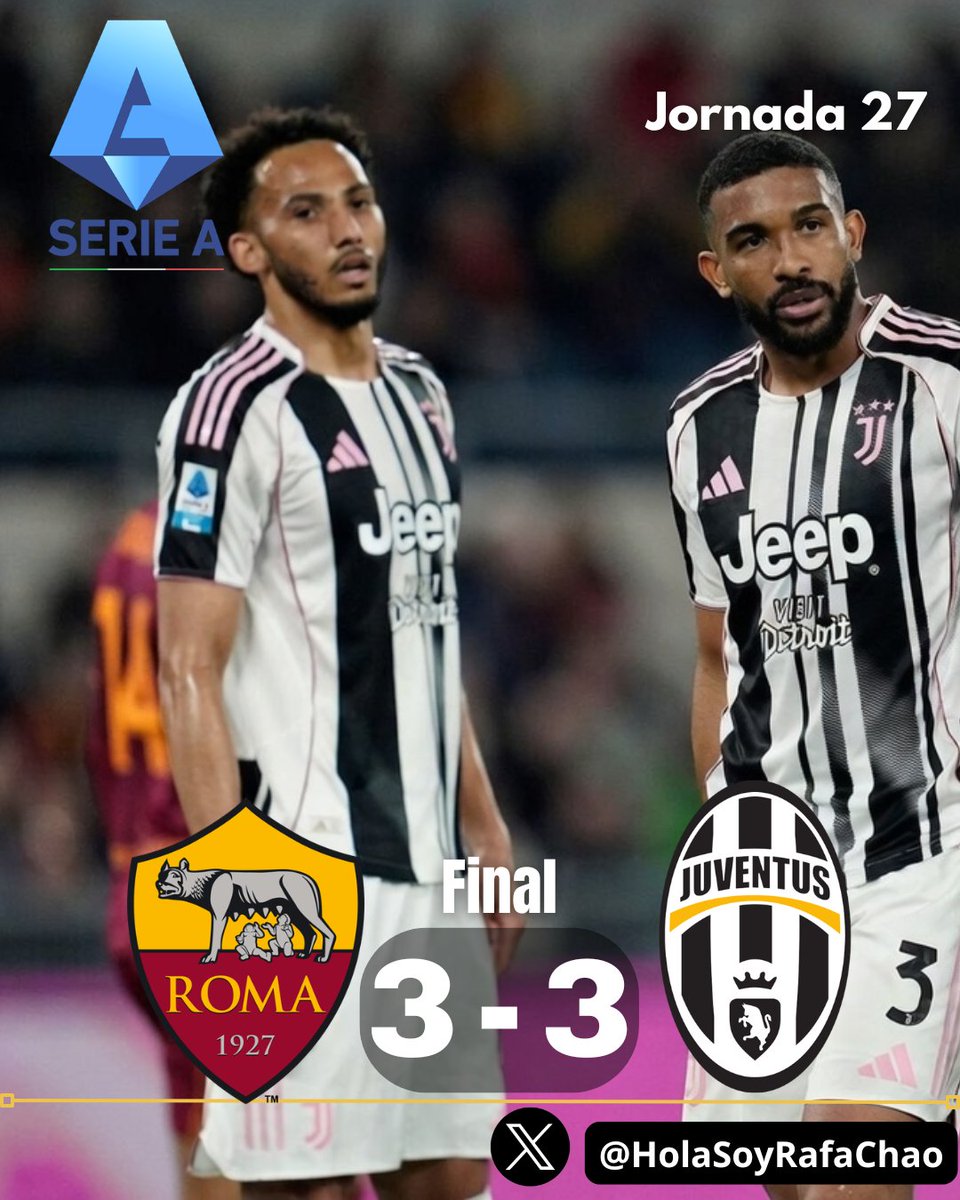 Minuto de silencio para los que se perdieron este partidazo de la Serie A 🇮🇹

Roma pierde una ventaja de 3-1😵

La Juventus sigue en racha sin ganar👎🏻:

▪️Atalanta 3-0❌
▪️Lazio 2-2🤝
▪️Inter 3-2❌
▪️Galatasaray 5-2❌
▪️Como 0-2❌
▪️Eliminado Champions 5-7❌
▪️Roma 3-3🤝