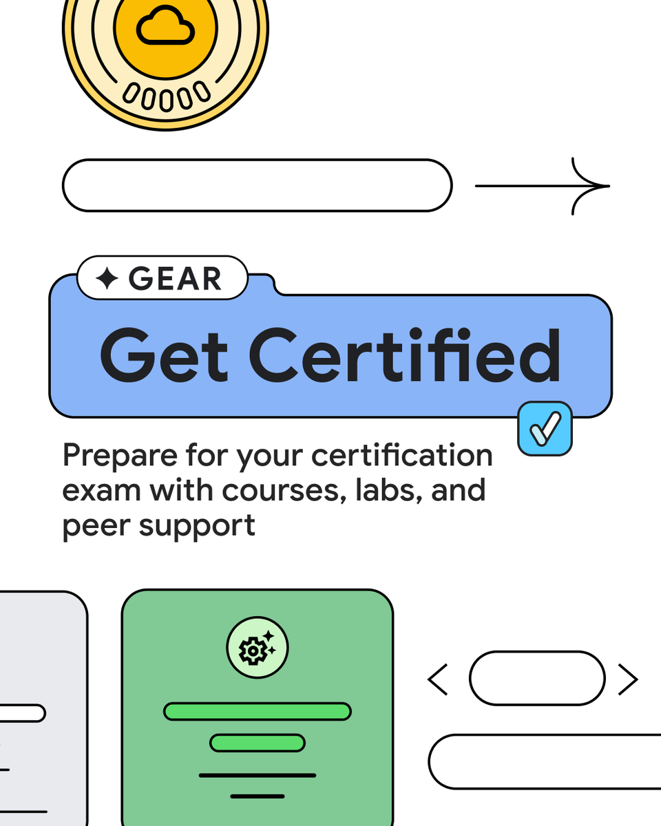 googledevs's tweet photo. Advance your career with Google Cloud certifications. 🤩

Google Cloud customers can apply to the Get Certified Program through GEAR and access instructor-led classes, labs, and a network of support to help you prepare for your exams → https://t.co/ETnpKEHKjQ https://t.co/BWe4ezBkEz
