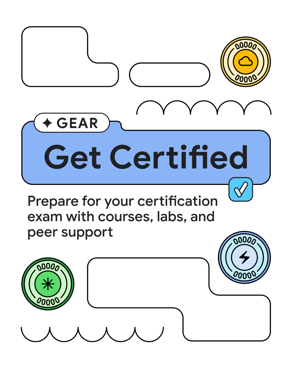 googledevs's tweet photo. Advance your career with Google Cloud certifications. 🤩

Google Cloud customers can apply to the Get Certified Program through GEAR and access instructor-led classes, labs, and a network of support to help you prepare for your exams → https://t.co/ETnpKEHKjQ https://t.co/BWe4ezBkEz