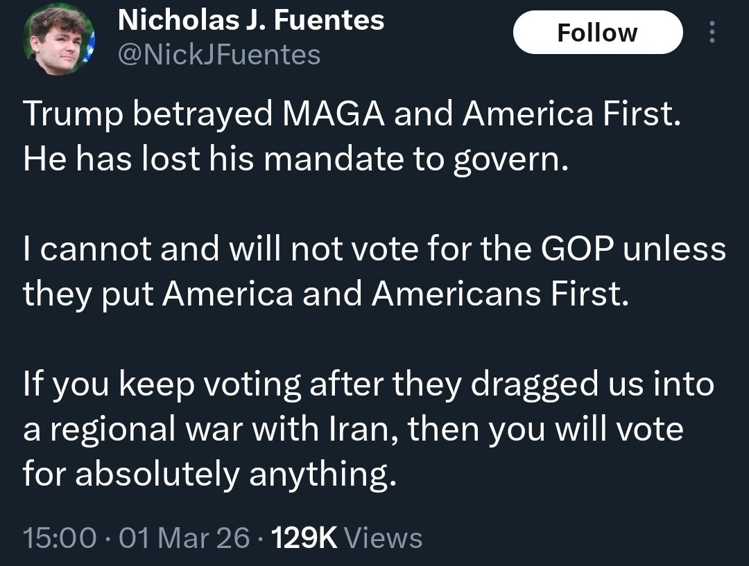 Nick Fuentes tried to sabotage MAGA in 2024 and failed.

He's now trying to hand power to the Democrats in 2026.

I've been telling you for YEARS that he is NOT an ally.

When you tell me to stop the "infighting" with somebody like this, understand:

He is not on my team.
He
