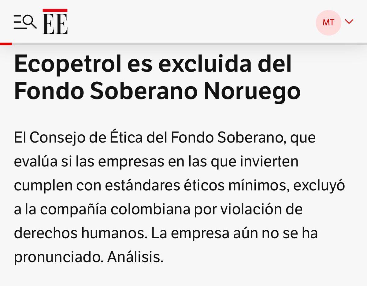 Mauriciotellez's tweet photo. El fondo soberano de Noruega (https://t.co/LTJtWnTyu2) es uno de los mejores ejemplos en el mundo sobre cómo ahorrar los recursos del petróleo y garantizar un futuro próspero para una nación. 

El fondo tiene más de 2 trillones de dólares en un portafolio diversificado, desde renta fija hasta finca raíz y acciones de grandes empresas. 

@elespectador revela hoy que ese fondo, el más grande del mundo en su tipo, acaba de excluir a @ECOPETROL_SA de su portafolio de inversión, tras una decisión de su consejo de ética. 

Mala noticia para Colombia.