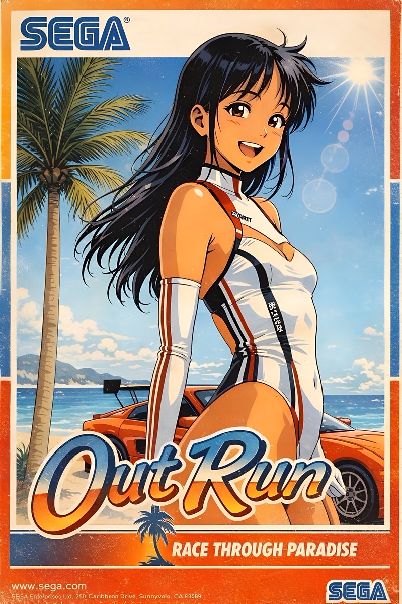 先日と同じく80年代っぽい絵をアウトラン風に。さらにポスター風にと