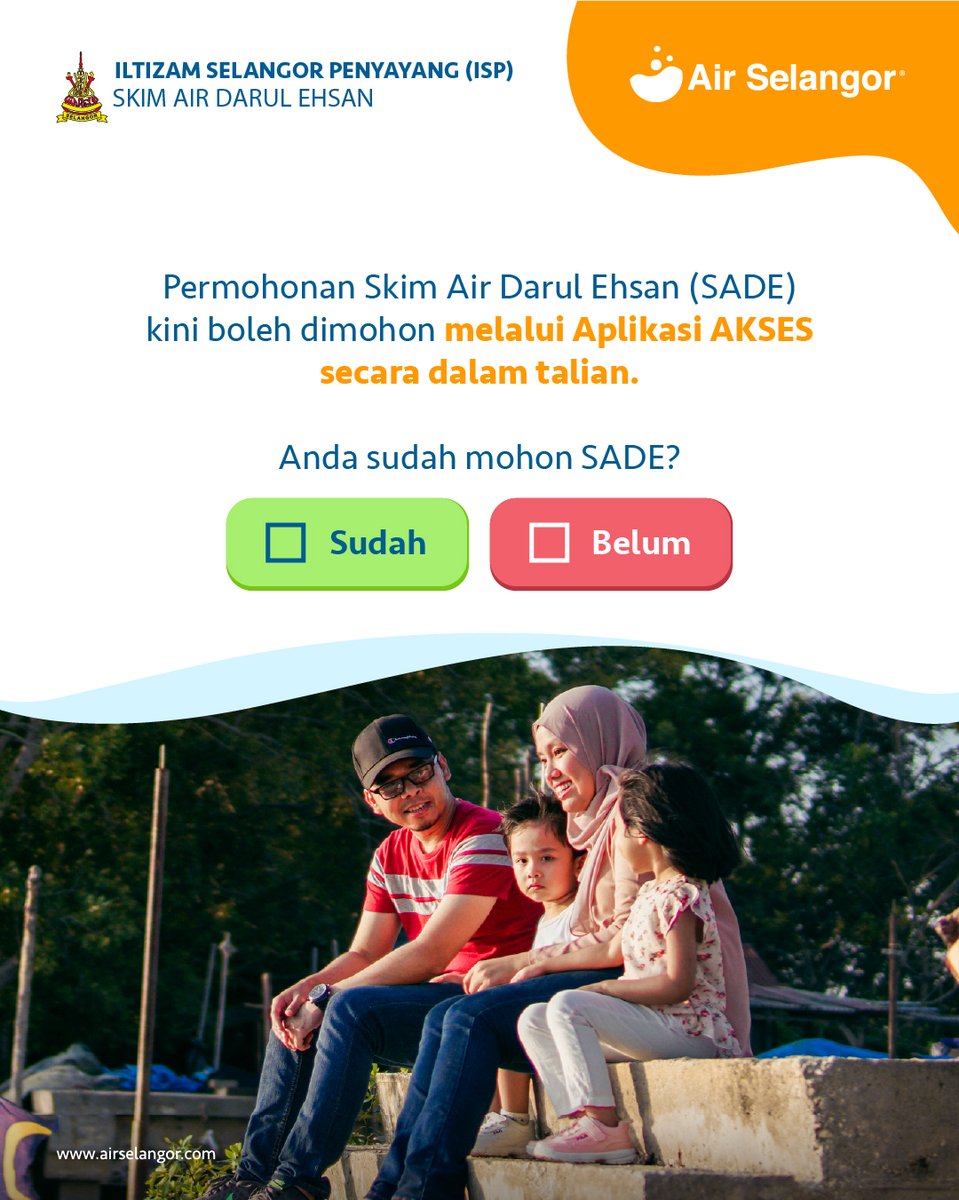 air_selangor's tweet photo. Sudahkah anda memohon Skim Air Darul Ehsan? 

Jika belum, anda boleh buat permohonan melalui sistem Aplikasi AKSES secara dalam talian untuk menikmati 20m³ air percuma setiap bulan. Jika anda merupakan penerima manfaat sedia ada, anda tidak perlu membuat permohonan baharu kerana manfaat diteruskan seperti biasa. 

Semak syarat kelayakan dan maklumat lanjut di https://t.co/KmS3kmqmd2

*Permohonan SADE melalui SSIPR atau borang manual tidak lagi diterima.

#AirSelangor