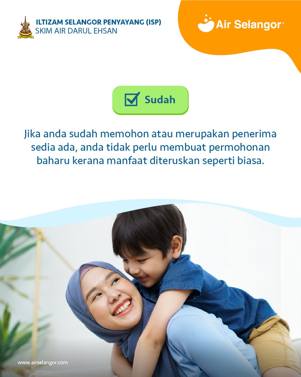 air_selangor's tweet photo. Sudahkah anda memohon Skim Air Darul Ehsan? 

Jika belum, anda boleh buat permohonan melalui sistem Aplikasi AKSES secara dalam talian untuk menikmati 20m³ air percuma setiap bulan. Jika anda merupakan penerima manfaat sedia ada, anda tidak perlu membuat permohonan baharu kerana manfaat diteruskan seperti biasa. 

Semak syarat kelayakan dan maklumat lanjut di https://t.co/KmS3kmqmd2

*Permohonan SADE melalui SSIPR atau borang manual tidak lagi diterima.

#AirSelangor
