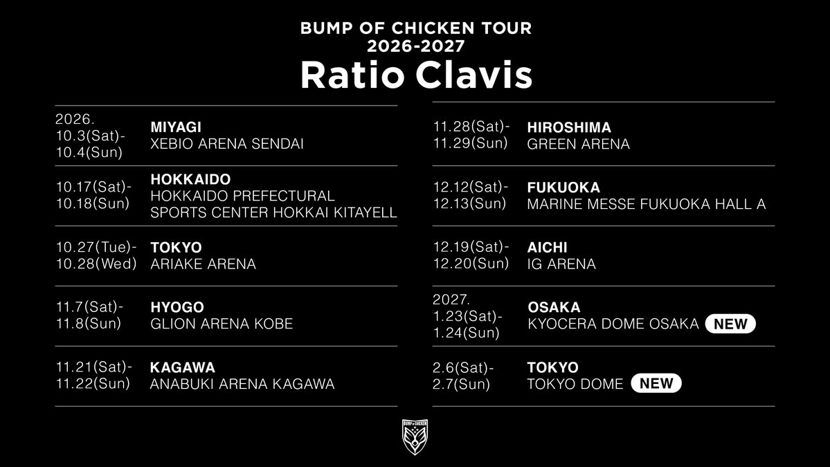 今年の10月から開催する「BUMP OF CHICKEN TOUR 2026-2027 Ratio