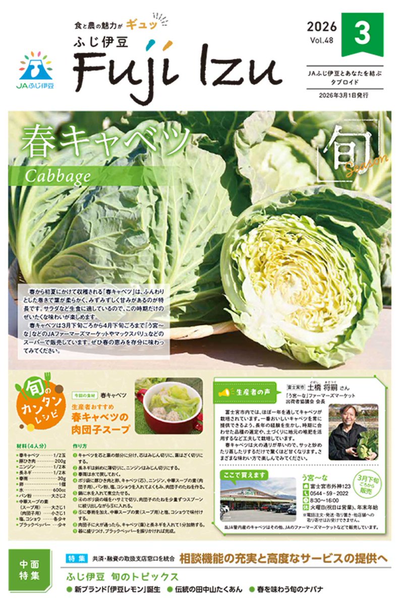 ✨広報誌3月号発行✨／ 旬の春キャベツが表紙を飾っているよ☺️ 特集