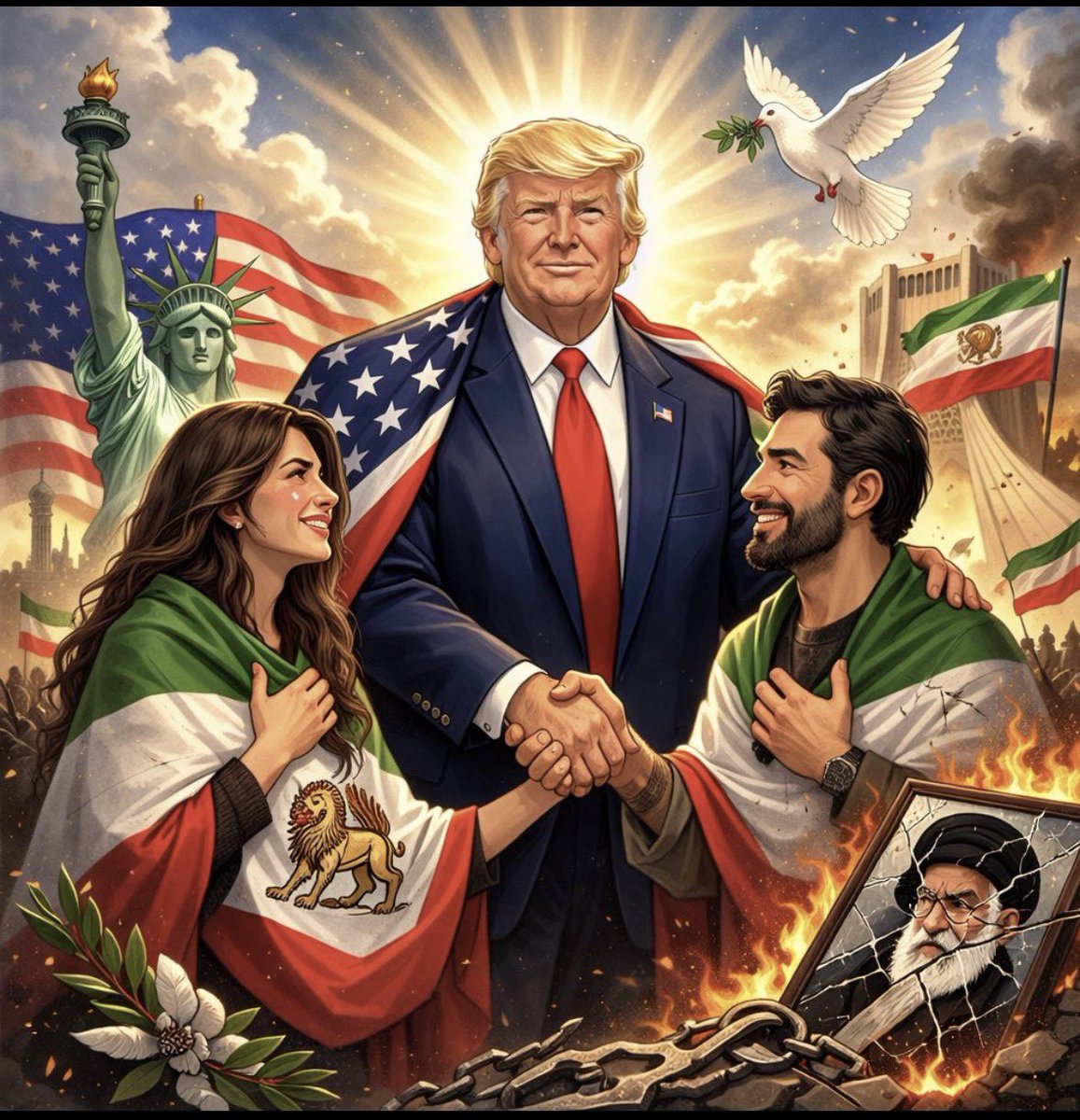 hroyals's tweet photo. @CENTCOM The US forces have our deepest gratitude for your support and services, which were promised by our dear @realDonaldTrump. The job has been smoothly and perfectly, especially in the first step of eliminating the Satanic Dictator Khamenei.  ✌🏼❤️🇺🇸🇮🇷🇮🇱❤️ https://t.co/xI7oOdWtYc