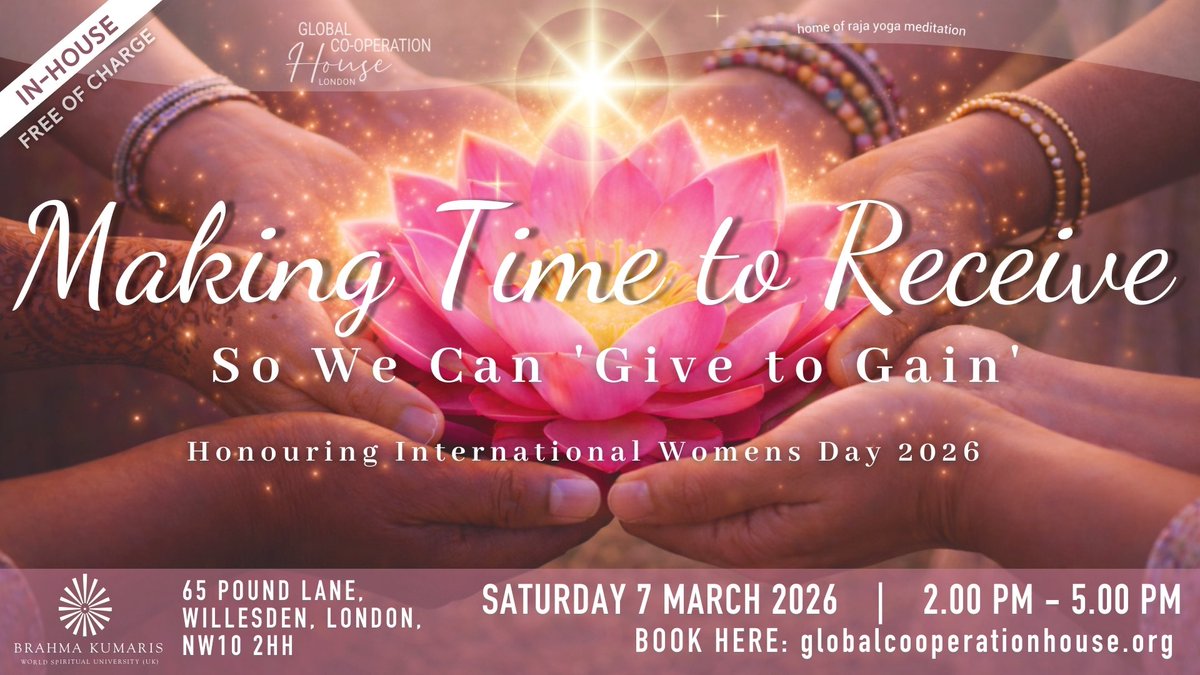 BrahmaKumarisUK's tweet image. Making Time to Receive / GIVE to GAIN
Honouring International Women's Day

Saturday 7 March, 2-5pm, at #GCH,
65 Pound Lane, London NW10 2HH

Join to explore Women &amp;amp; Spirituality with: Kalpana Chandran
Pearl Jordan
Grace Lopez-Charles
Diya Rewani
Maureen Goodman 

#FreeEvent
