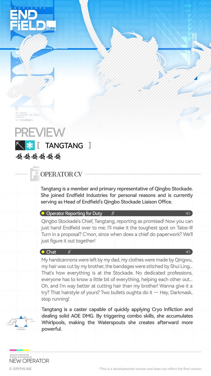 //Tangtang

Straightforward and loyal, she is the Supreme Chief of Qingbo Stockade.

As an infant, she drifted down the river to Qingbo Stockade, where she was adopted by the Stockaders. Young as she is, she has already resolved to shoulder the future of the Stockade.

Despite