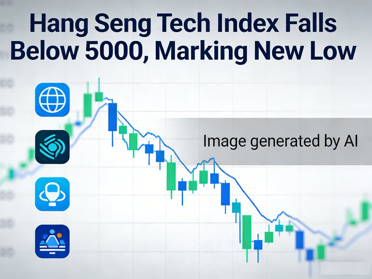WindInfoUS's tweet image. The Hang Seng Tech Index has fallen below 5000 points, dropping 2.7% for the day, reaching its lowest point since late April last year, and down 25% from its peak in October last year. #HangSeng #stockmarkets #HongKong
