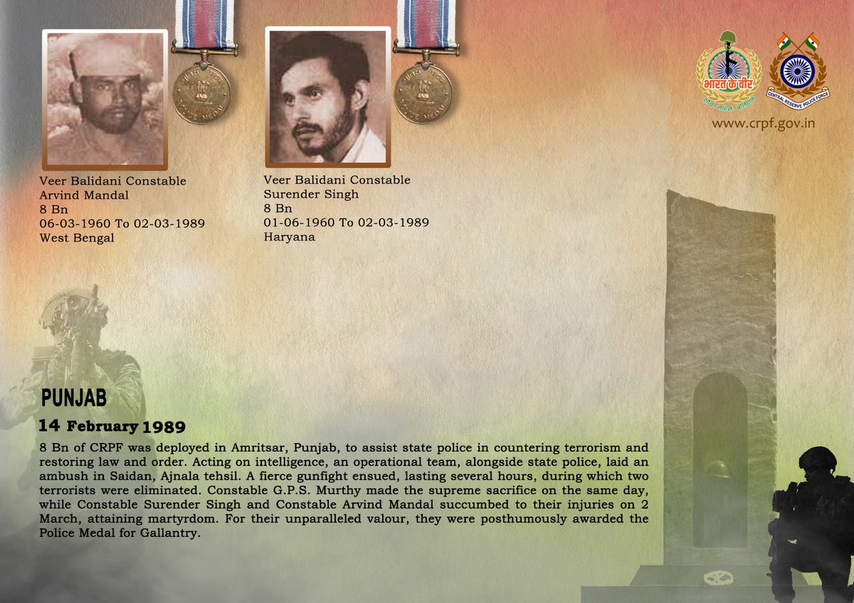 DG and all Ranks of #CRPF pay solemn tribute to two valiant troopers of 8 Bn, who were seriously injured during an operation in Punjab on 14 February 1989 and breathed their last on 2 March 1989. #CRPF salutes the bravehearts and pledges never to let their sacrifice go in vain.