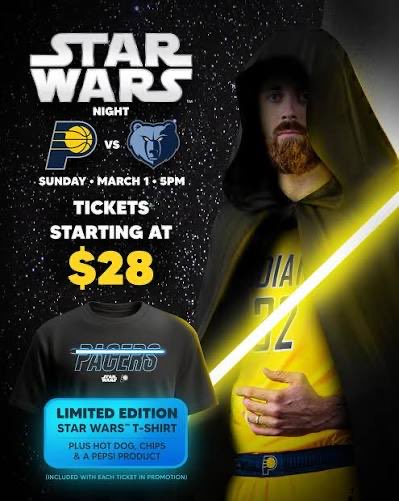 vet_imo's tweet photo. 今日はボスのおすすめで、家族でペイサーズのStar Wars Nightへ。

コラボTシャツもらえて、ホットドッグとコーラ、チップスまで無料。なのにチケット $28。ファミリー向けの満足度が高すぎました。

……なお試合は欠場者が多すぎて、正直しんどかったです笑 https://t.co/icVHSKEoar