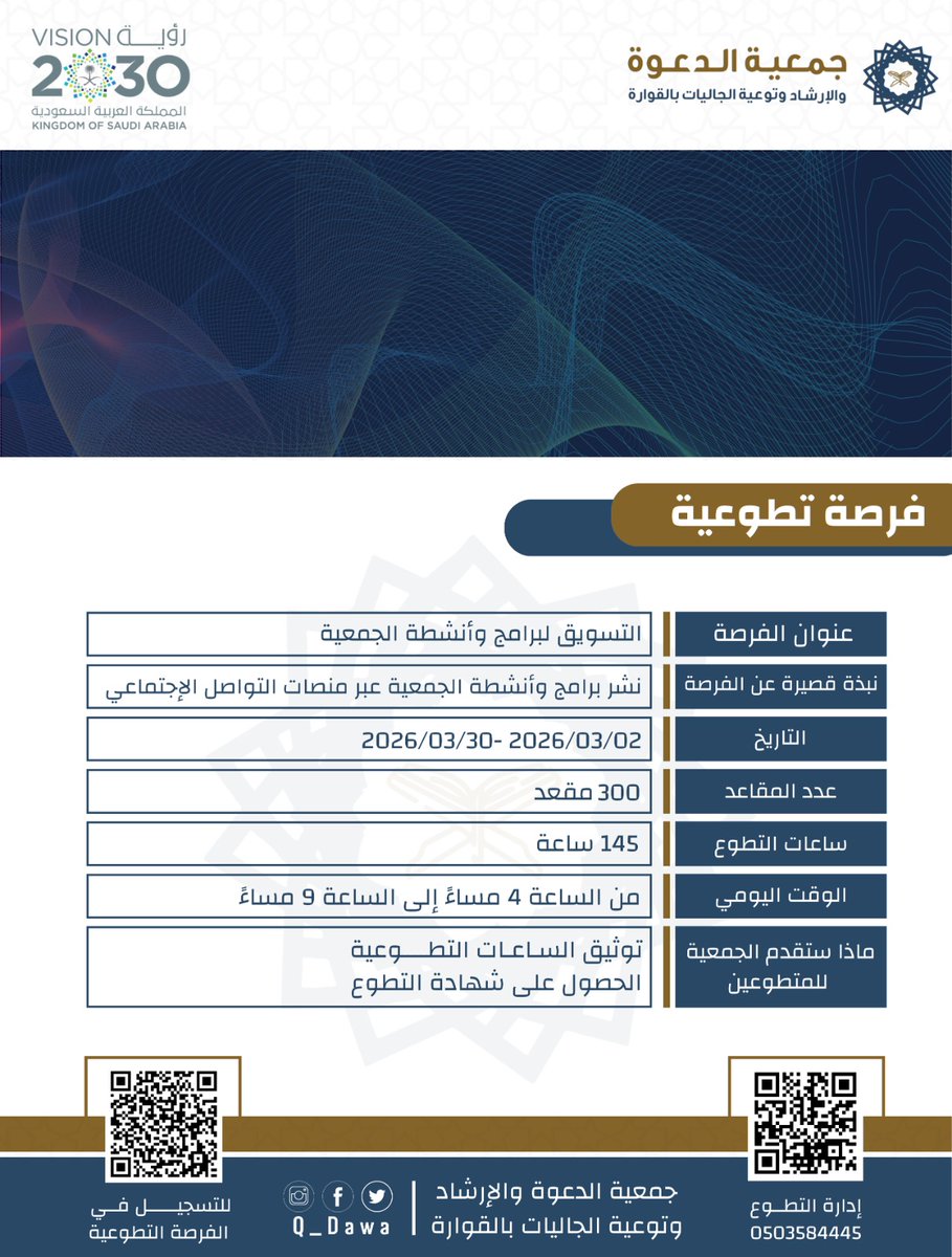 dawa_q2's tweet photo. تعـلـن جـمـعـيـة الـدعـوة والـإرشـاد وتـوعـيـة الـجـالـيـات بـالـقـوارة
عـن فـرصـة تـطوعـية (عن بعد)

اسـم الـفـرصـة:
التسويق لبرامج وأنشطة الجمعية
عـدد الساعـات : 145 سـاعة
لـلـتـسـجـيـل عـبـر الـرابـط:
https://t.co/u6q01vNcNd
لـلـاسـتـفـسـار والـتـواصـل:
📞 0503584445 https://t.co/HKoao72XlT