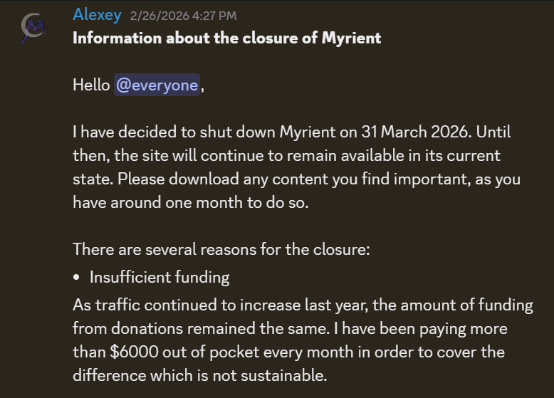 comfysoftgames's tweet photo. Statement from the myrient discord: https://t.co/7QNGfrCV9I
