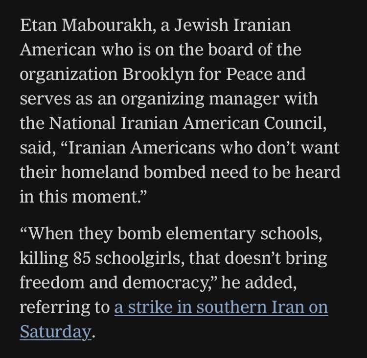 Told this to the New York Times today and will not stop saying it.

Iranian Americans who oppose their homeland being bombed deserve to be heard right now.

Bombing elementary schools and killing schoolgirls doesn’t bring freedom and democracy to anyone.