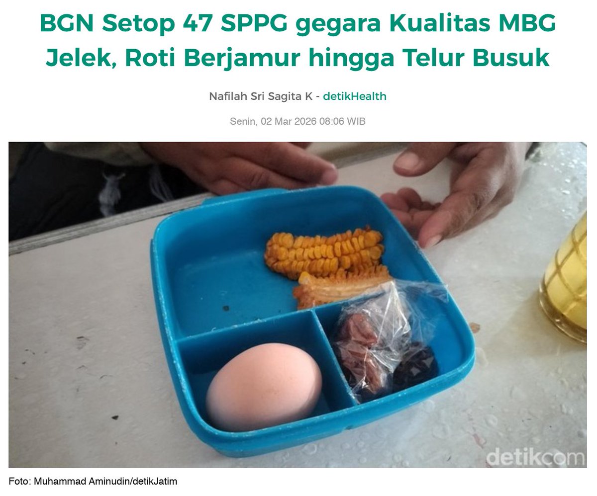 "Berisik" kita soal MBG menghasilkan tindakan manteman.

Data Kedeputian Pemantauan dan Pengawasan per 28 Februari 2026 pukul 11.20 WIB mencatat, 47 kasus tersebut tersebar di tiga wilayah kerja:
Wilayah I terdapat 5 kejadian
Wilayah II sebanyak 30 kejadian
Wilayah III sebanyak