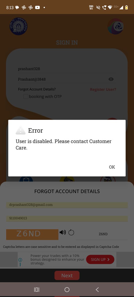 _Prashant_kr's tweet photo. @IRCTCofficial @RailMadad
My IRCTC User ID prashant328 has been showing the error “User is disabled. Please contact customer care.” while logging in.
Kindly help me to enable my account.
Registered email: drprashant328@gmail.com
#IRCTC https://t.co/JglbIlZPcO
